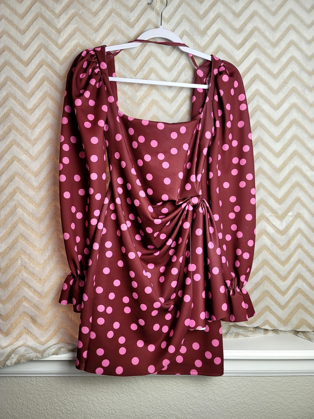 ASOS Maroon Dress with Pink Polka Dots, Long Sleeve